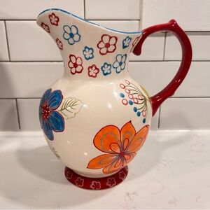 Anthropologie Dutch Wax by Coastline Imports Handpainted Ceramic Floral Pitcher